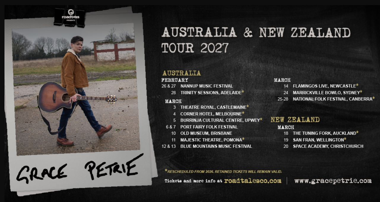 Grace Petrie 2027 Australia & New Zealand tour poster with a Polaroid photo of her holding a guitar alongside listed concert dates and venues.